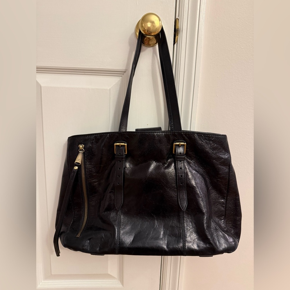 HOBO Cabot Shoulder Bag in Black Leather with Antique Brass Hardware